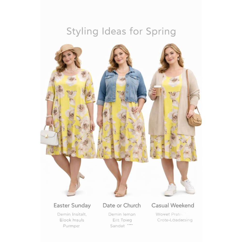 eShakti Custom Yellow Floral Swing Dress | Pockets | Lined | Plus Size